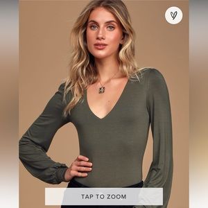 Kaylene Olive Green V-Neck Balloon Sleeve Bodysuit Size Large